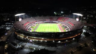 Sao Paulo, Brazil - 5.26.2025 - Morumbi Stadium At Sao Paulo In Sao Paulo Brazil. Night Skyline. Aerial View Of Soccer Stadium In The City With Modern Architecture.