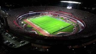 Sao Paulo, Brazil - 5.26.2025 - Soccer Stadium At Sao Paulo In Sao Paulo Brazil. Night Skyline. Aerial View Of Soccer Stadium In The City With Modern Architecture.