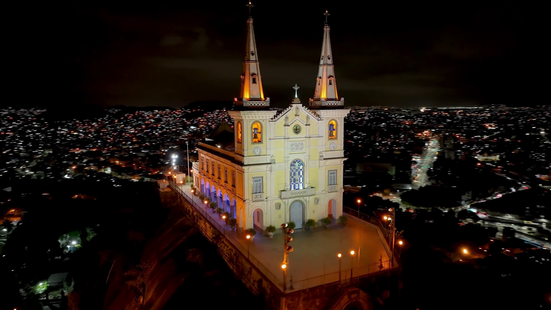 Night cityscape of Basilica of Penha at Rio de Janeiro Brazil. Medieval ...