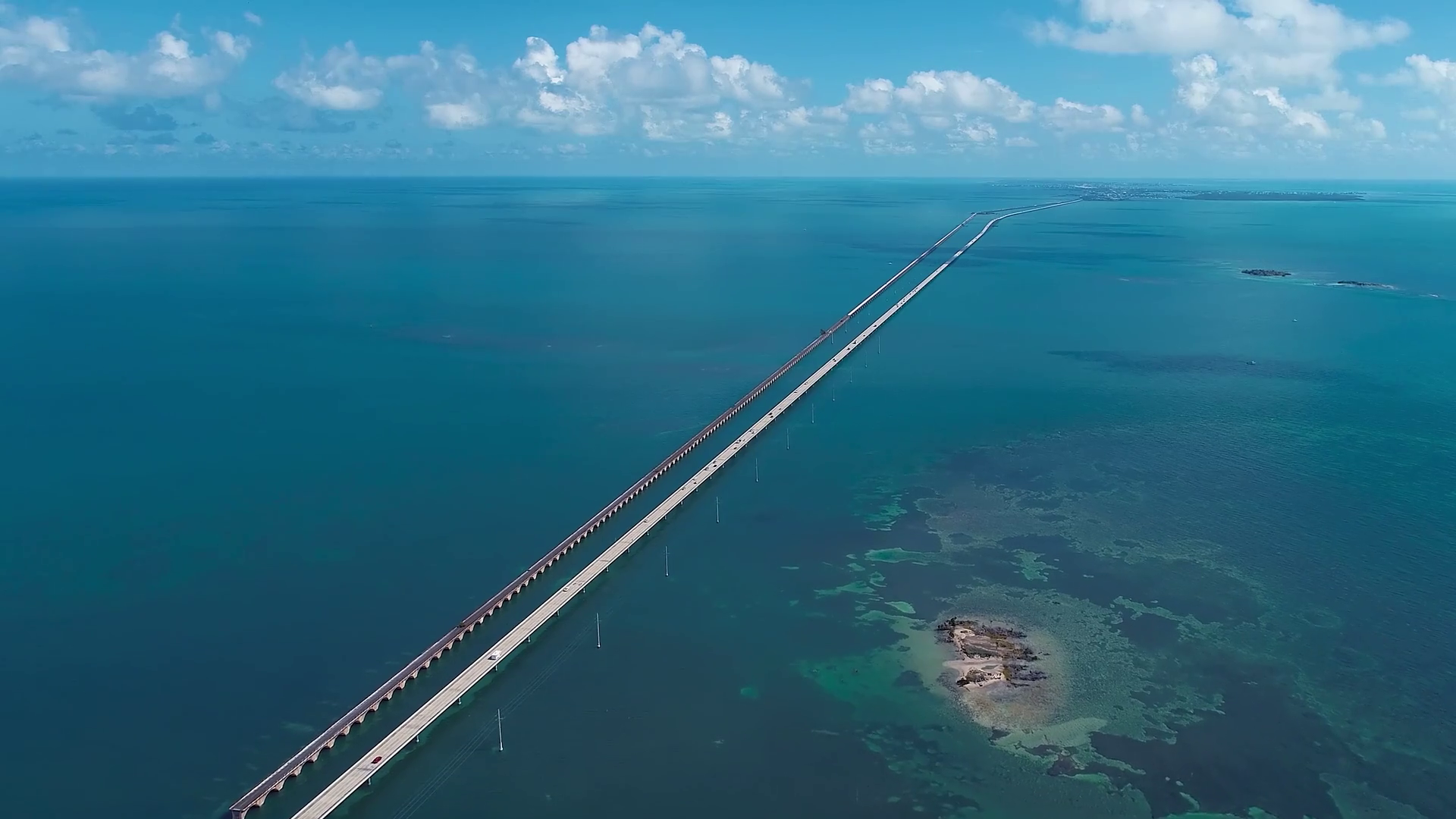 Key West 7 Mile Bridge Florida Keys United States. Aerial view of bridge and Islands near Key
