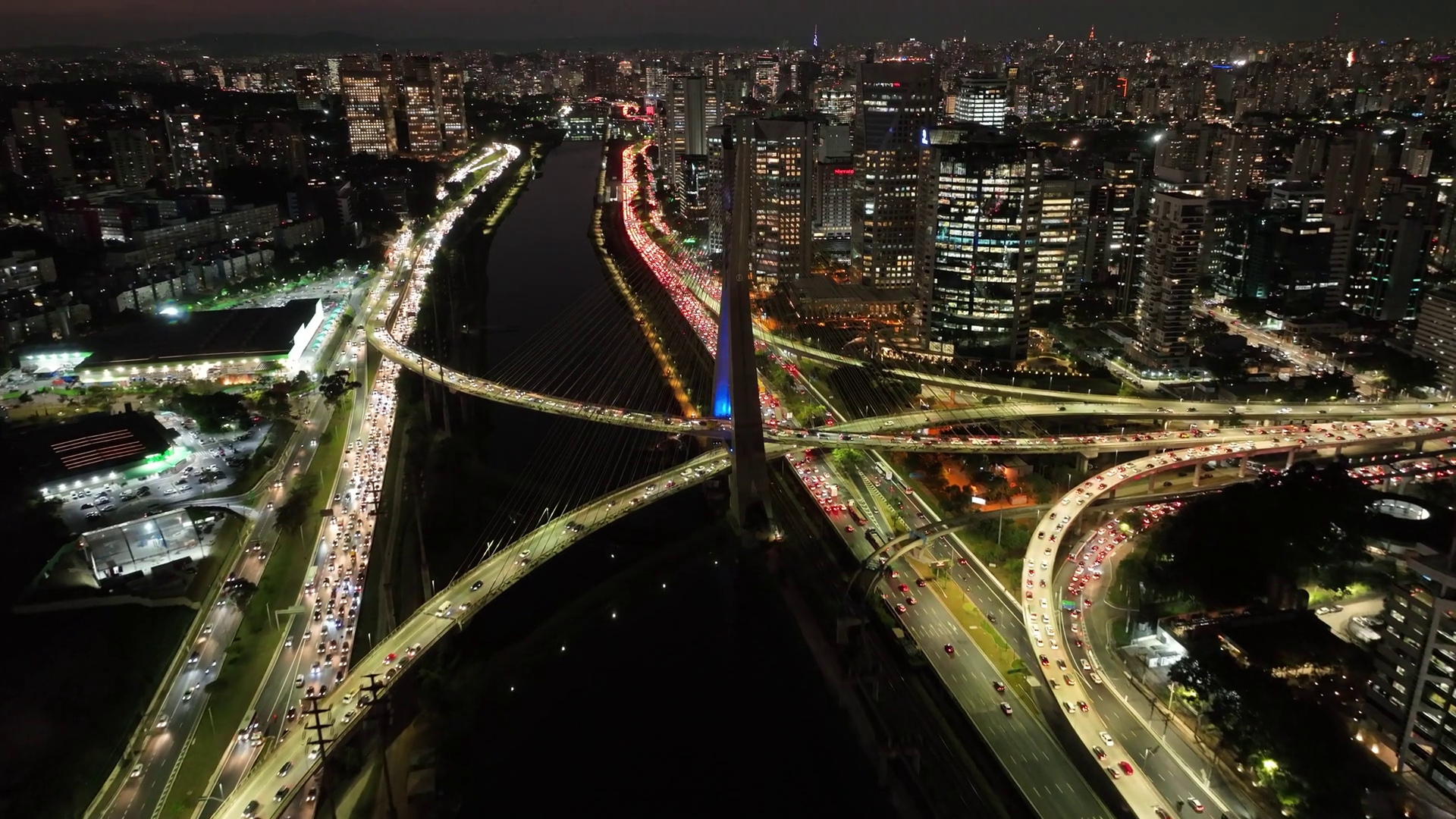 Cable Stayed Bridge At City Night In Sao Stock Footage SBV-347772073 ...