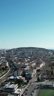 Aerial view of a city with a coastline from the coastline, a drone shot of the city