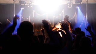 A black rapper on stage. Cheering crowd. View from the audience. Lighting. Stage smoke. A black rapper on stage. Cheering crowd.