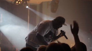 Belarus, Bobruisk, 20. 10. 2016 A rap rock concert. Black male rapper. Cheering crowd. White crowd. Professional smoke. Flashing lights. Hand in night lights