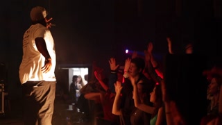 Belarus, Bobruisk, 20. 10. 2016 A rap rock concert. Black male rapper. Cheering crowd. White crowd. Professional smoke. Flashing lights.