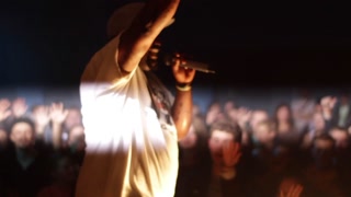 Belarus, Bobruisk, 20. 10. 2016 A rap rock concert. Black male rapper. Cheering crowd. White crowd. Professional smoke. Flashing lights.