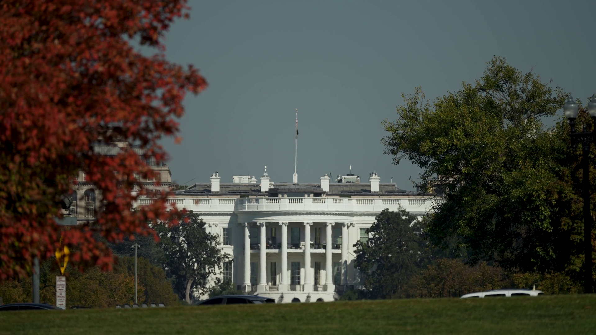 White House Oval Office View With Trees Flag Stock Footage SBV ...