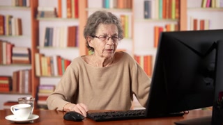 Closeup of senior older woman online concept, video chat, watching business training class, live webinar on laptop computer remote working, social distance learning, home office.