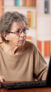 Vertical video closeup of senior elderly woman online concept, smiling video chat, watching business training class, live webinar on computer remote working, social distance learning, home office.