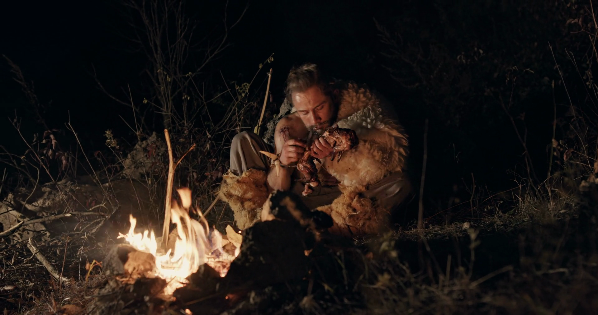 Hungry Wild Man Eating Near Campfire Low Stock Footage SBV-351895259 ...