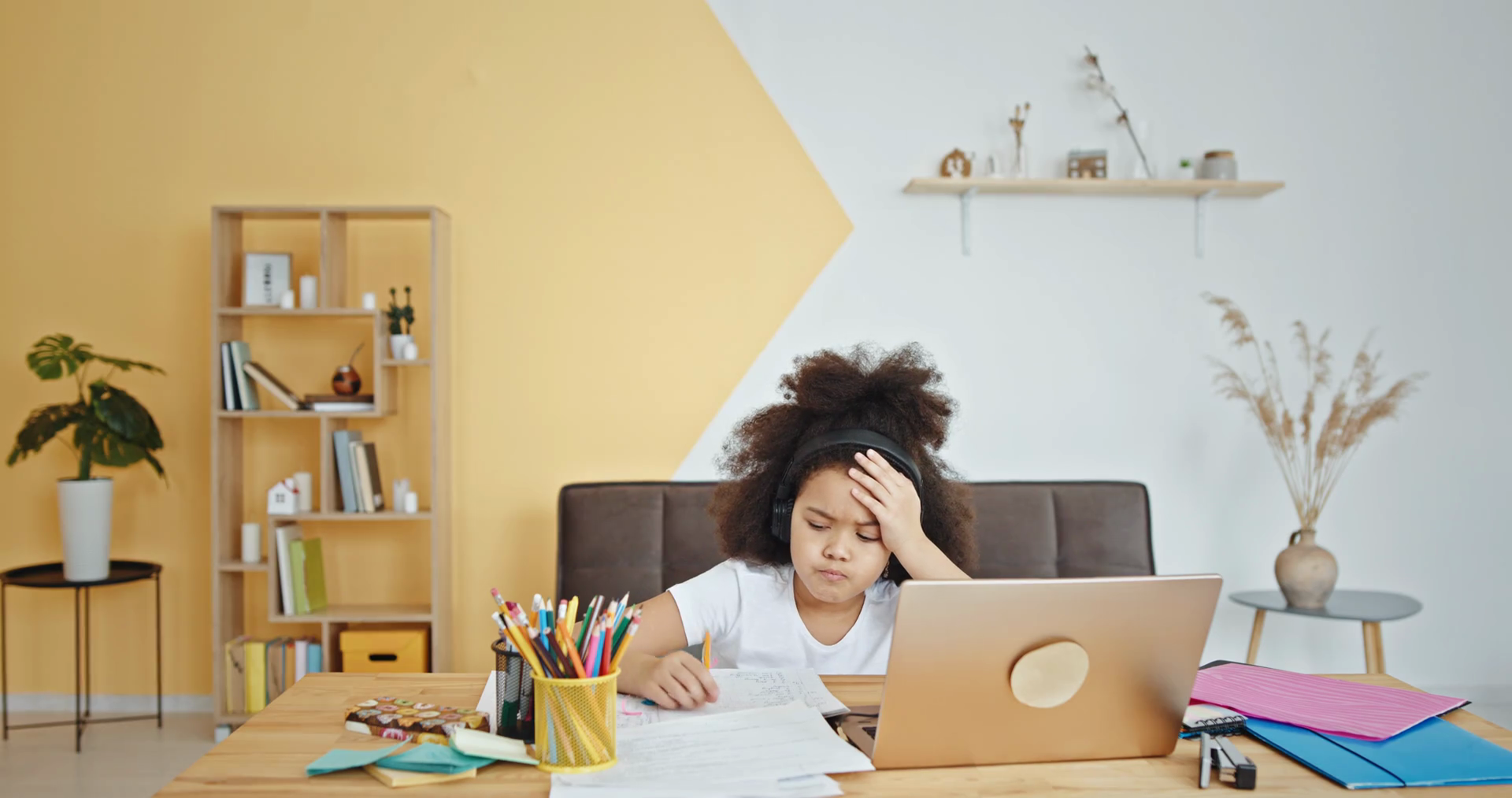 Tired Ethnic Girl Doing Homework Exhausted Stock Footage SBV347678614