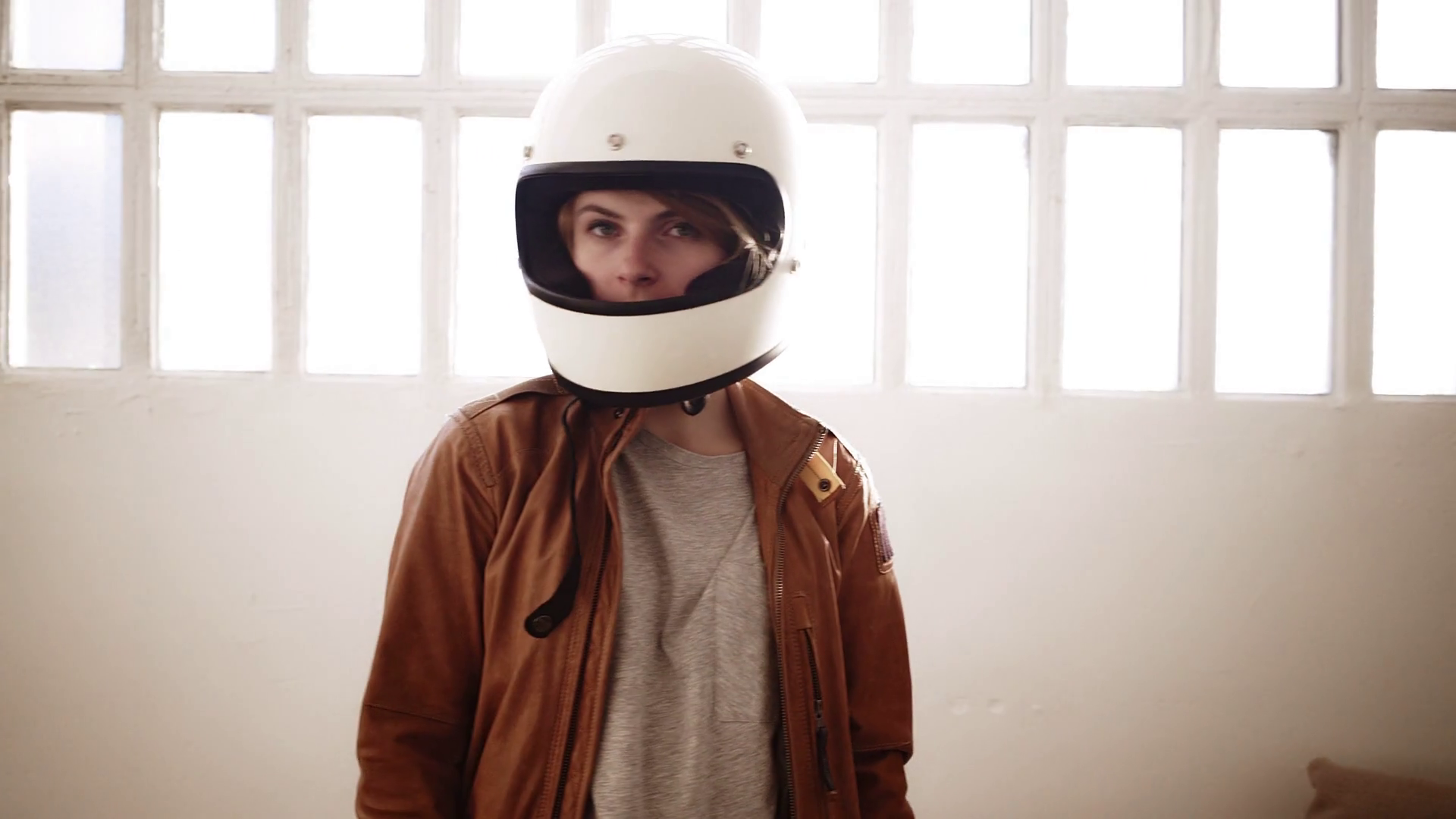 Blonde Girl Removes Motorcycle Helmet Smiles Stock Footage SBV ...