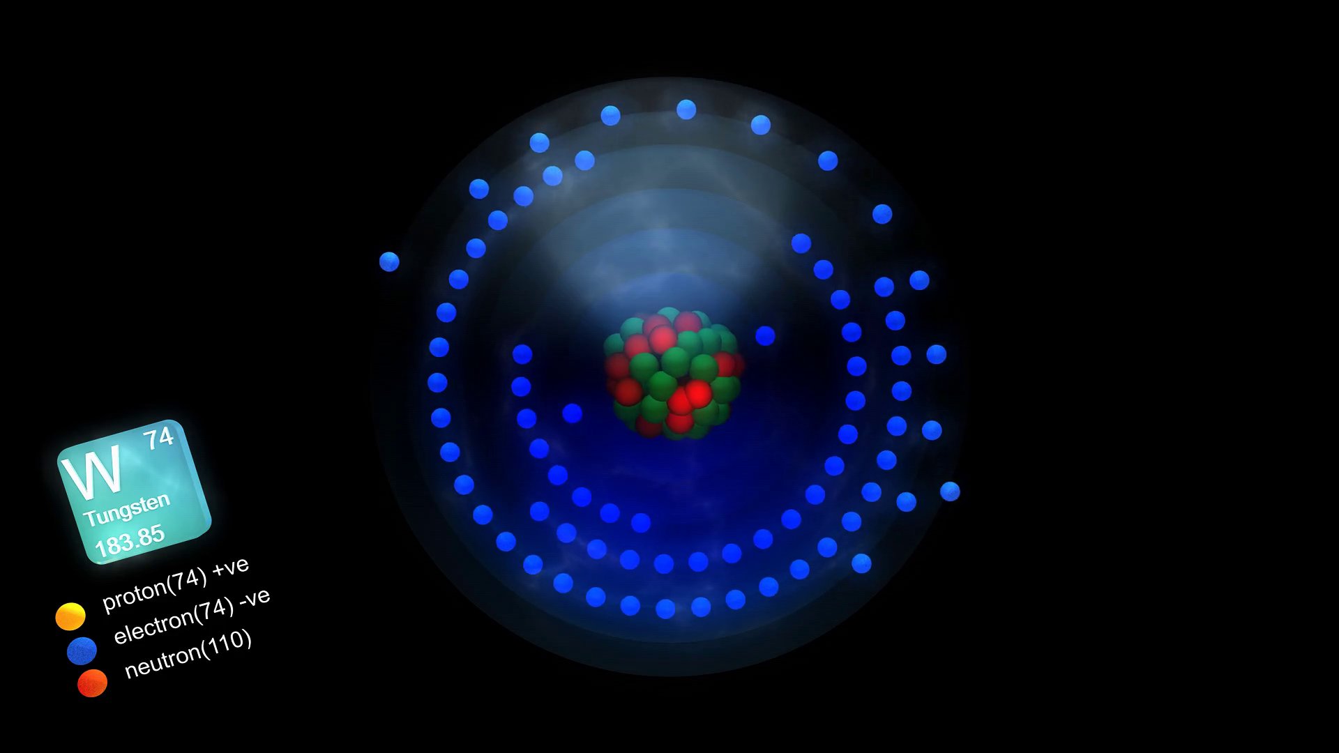 Tungsten atom, with element's symbol, number, mass and element type