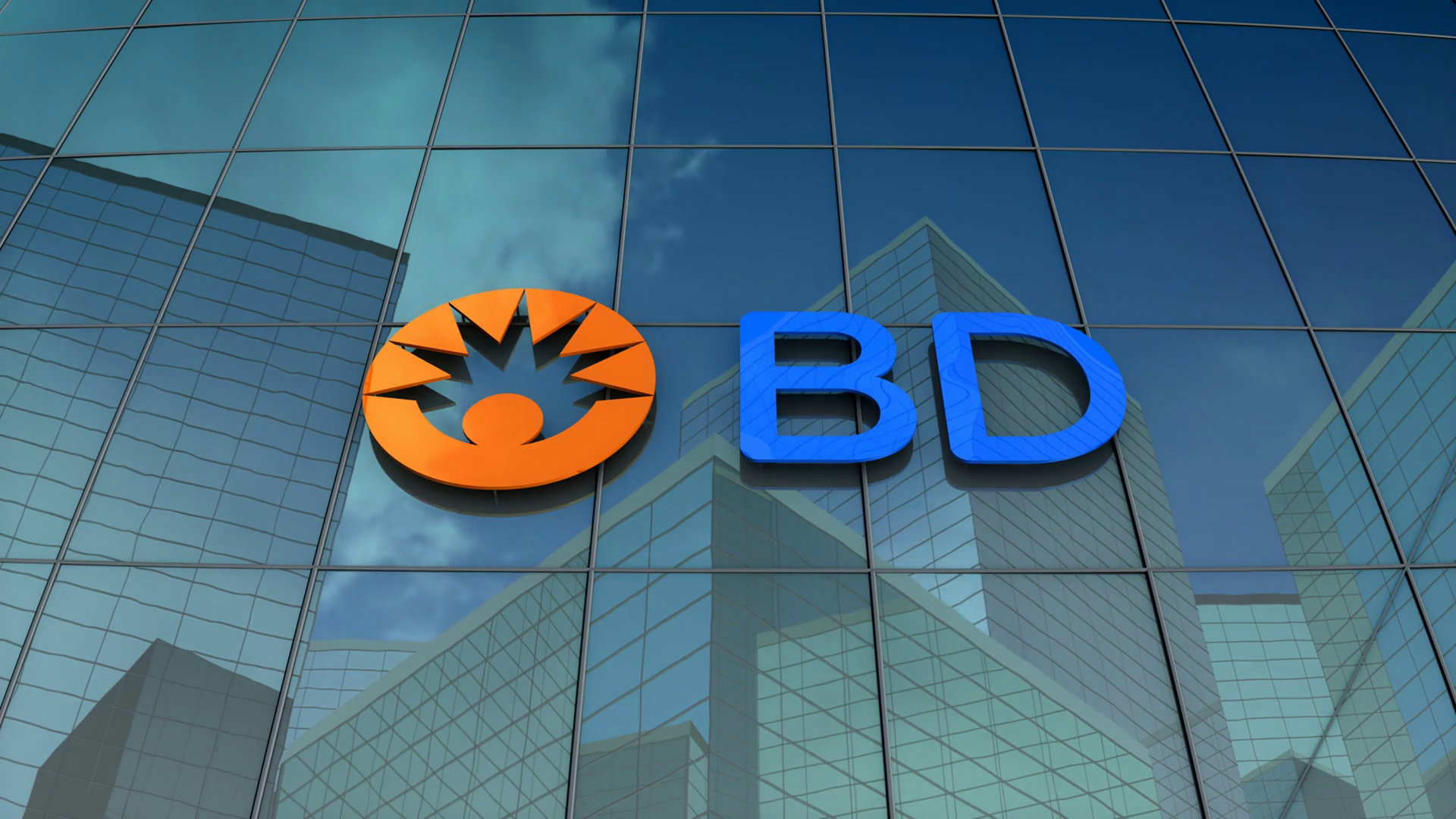 Editorial, Becton, Dickinson and Company logo on glass building. Motion