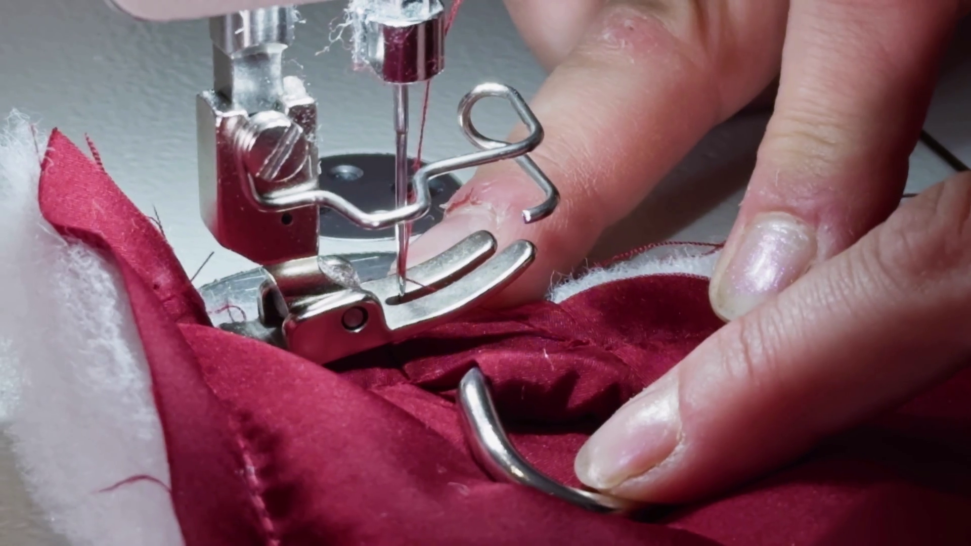 Tailor Sewing Red Fabric On Fiber Bag Making Stock Footage SBV ...