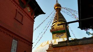 4K video of The Swayambhunath Stupa with blue sky in Kathmandu, Nepal.