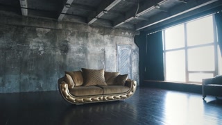 Luxury golden sofa on a loft background