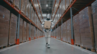 Humanoid carrying cardboard box while walking between tall warehouse shelves filled with stacked goods. Performing automated delivery task