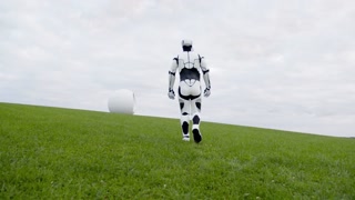 Cybernetic smart farming robot working and walking on agricultural rural field. Robotic farm cyborg droid. Artificial intelligence. Future