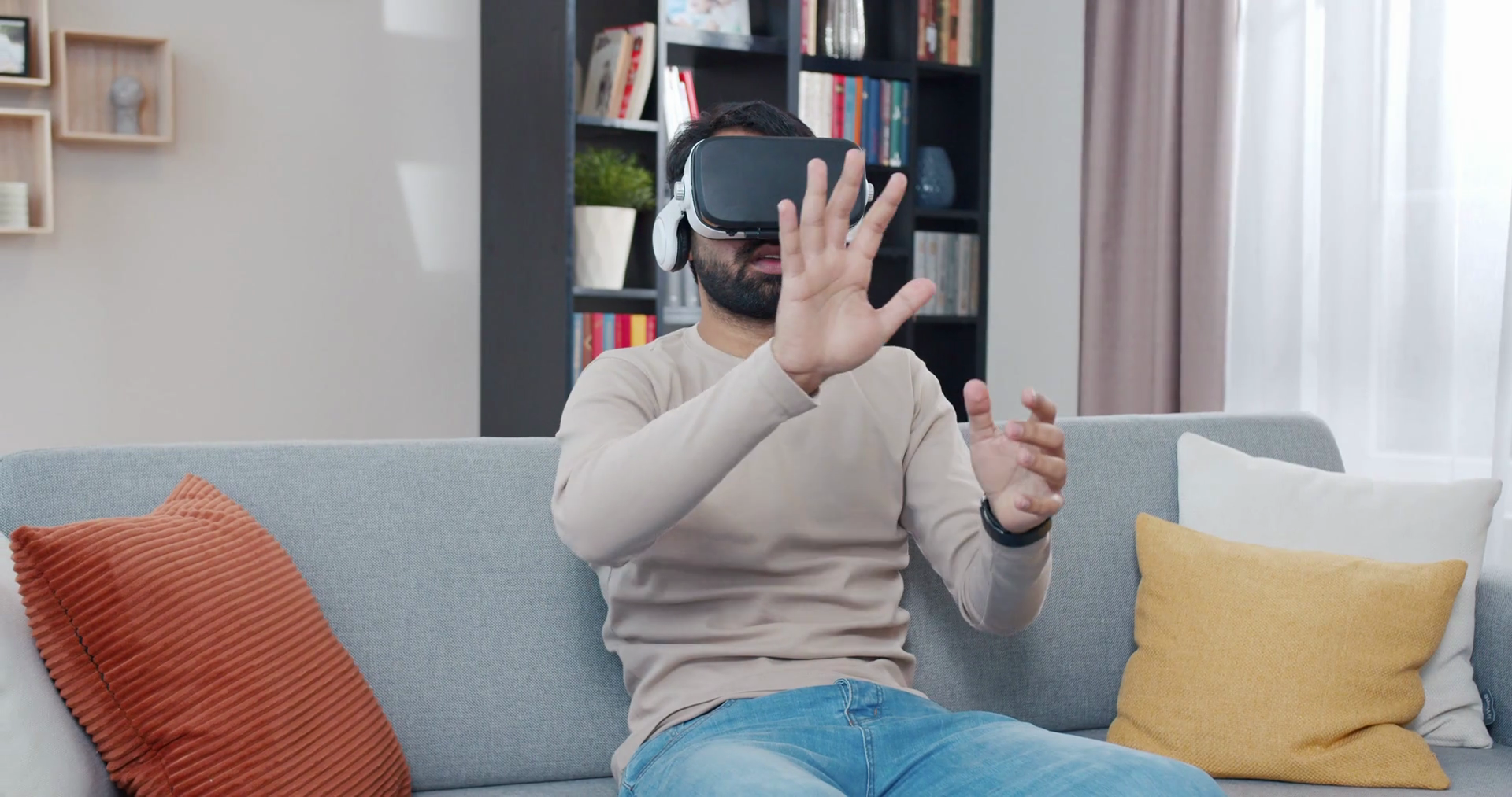 Young Man In Vr Headset Sitting On Sofa Stock Footage SBV-346966201 ...