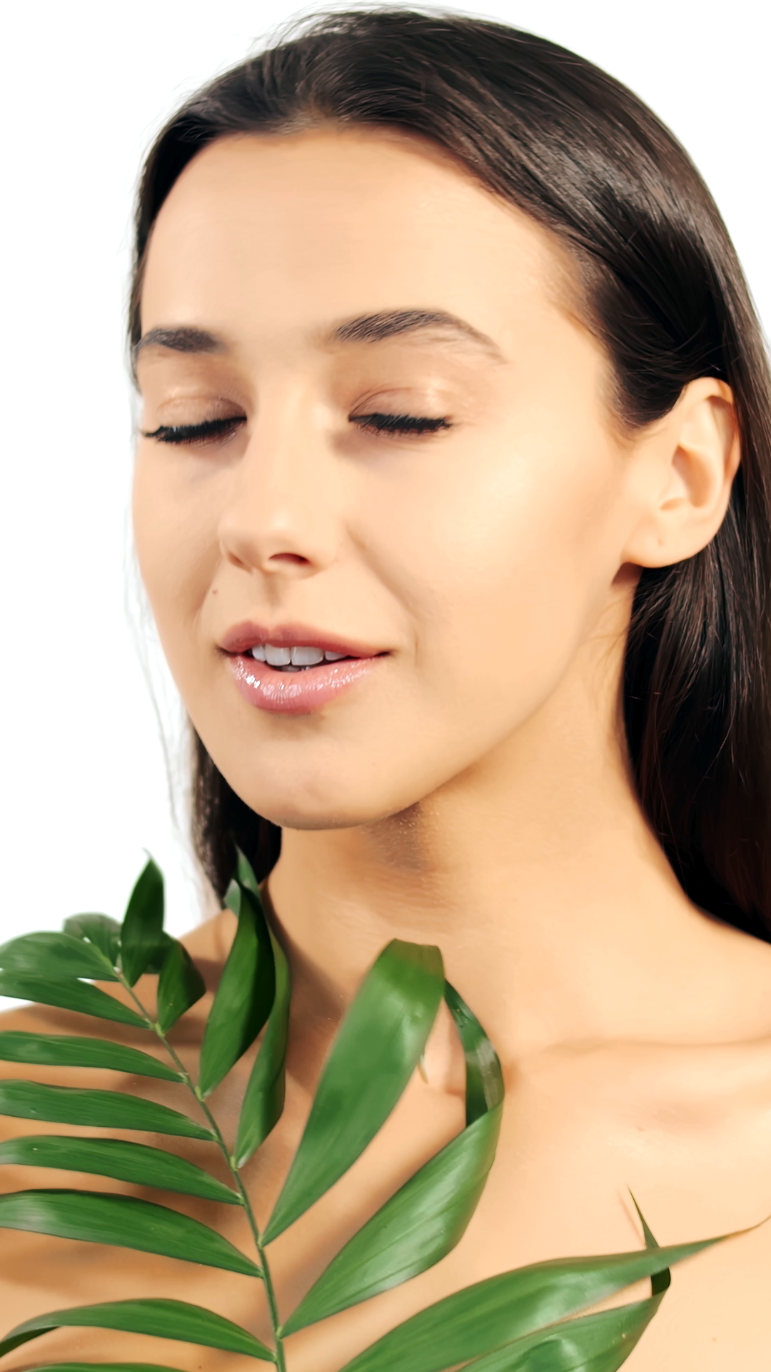 A Woman Poses Softly With Green Leaf Stock Footage SBV-353166416 ...
