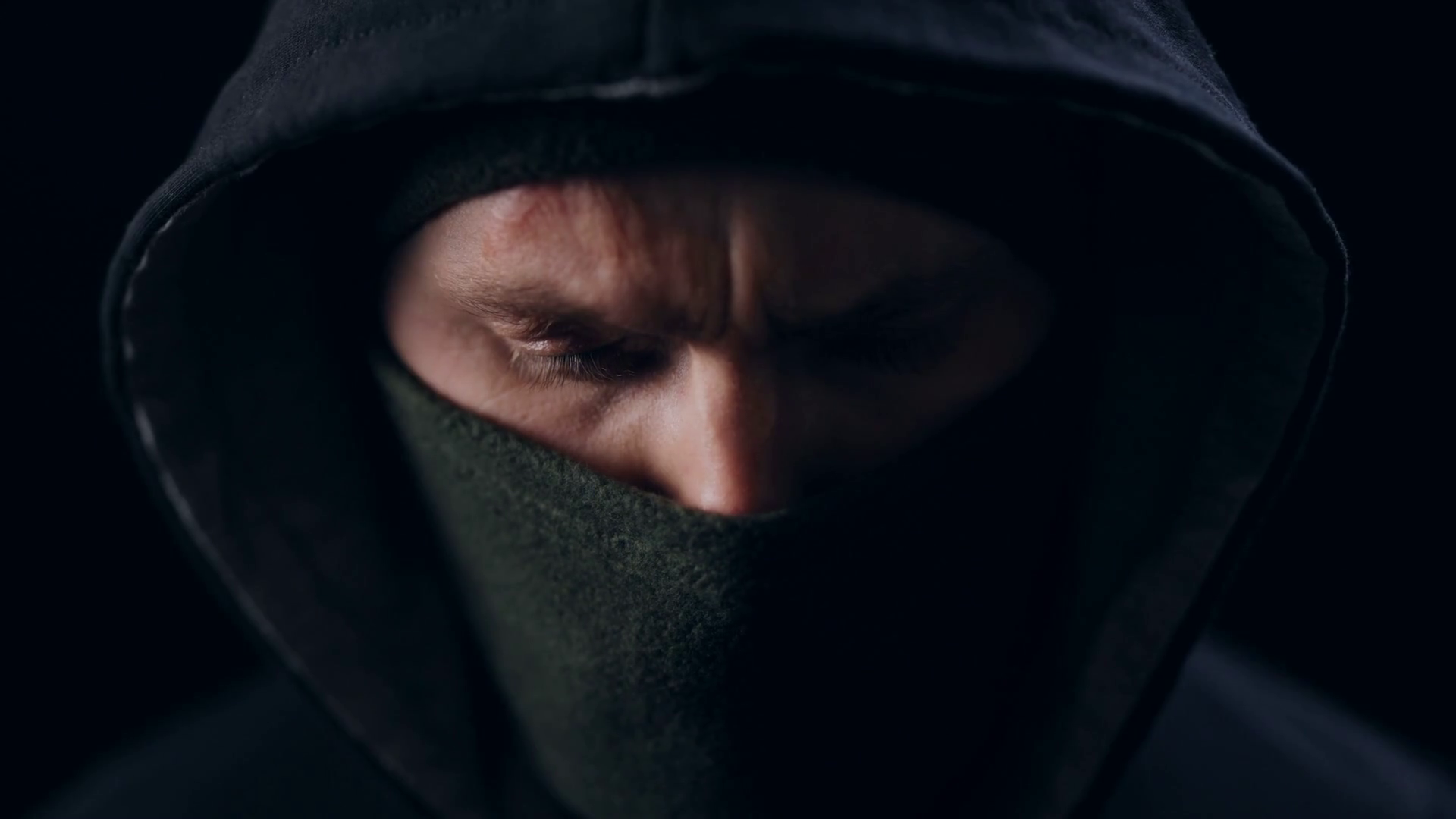 Close Up Of Bad Guy Wearing Black Mask Hood Stock Footage SBV338951263
