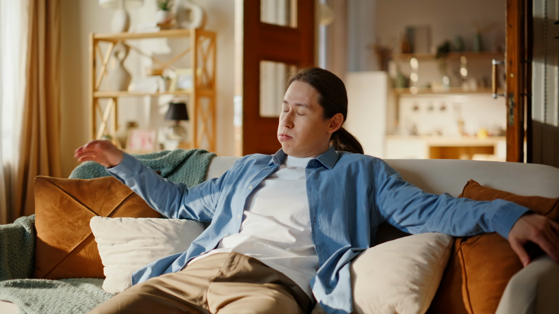 Asian Man Taking Sit Falling Sofa At Home Stock Footage SBV-353674032 ...