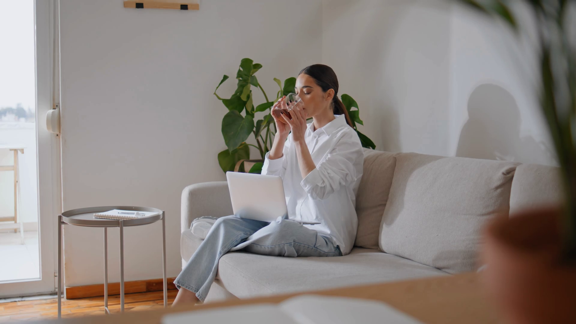 Young Lady Drinking Tea Texting Computer At Stock Footage SBV347646764