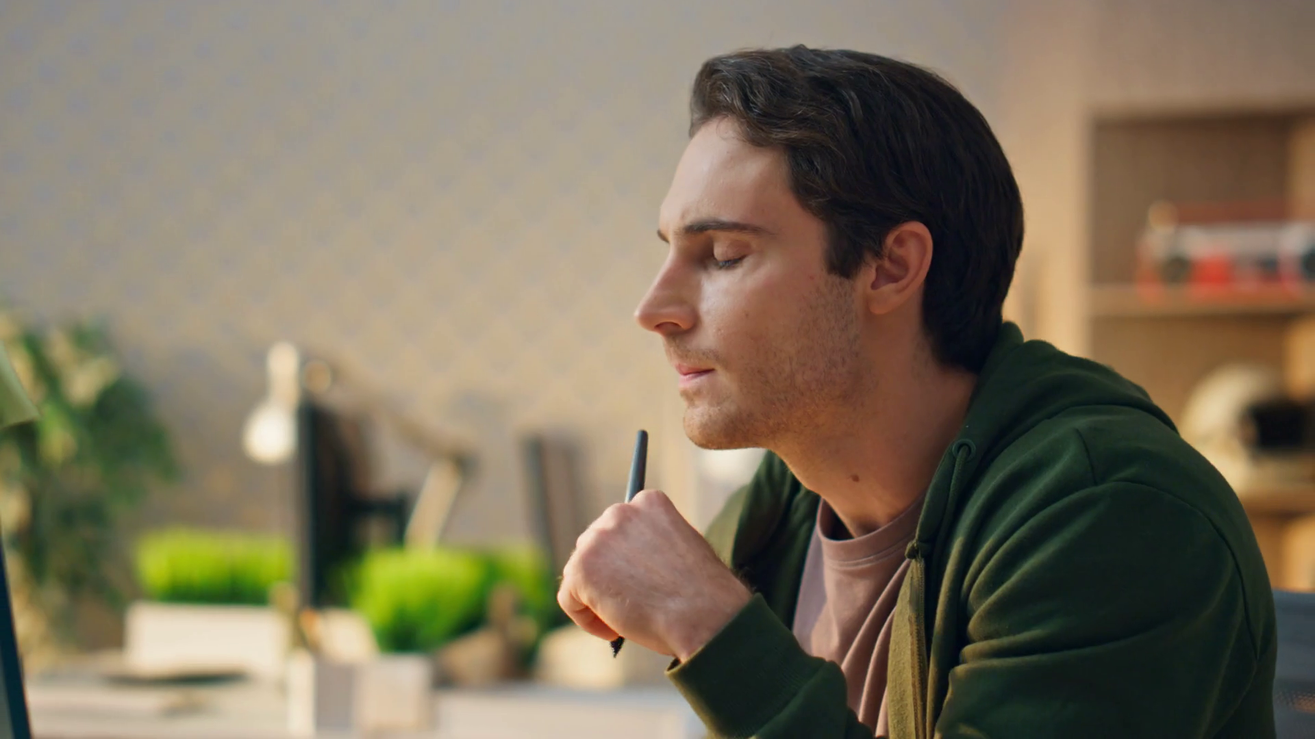 Pensive Man Watching Computer Display At Stock Footage SBV-348413507 ...