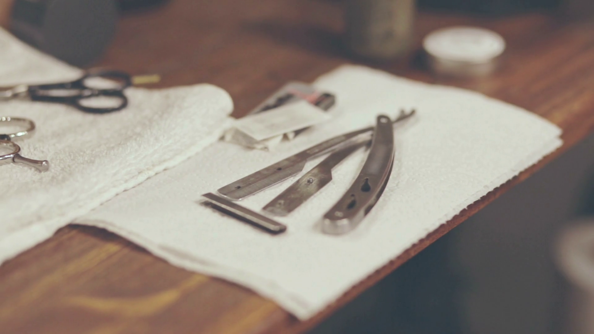 Barber shaving accessories. Barber shave razor. Barber preparing