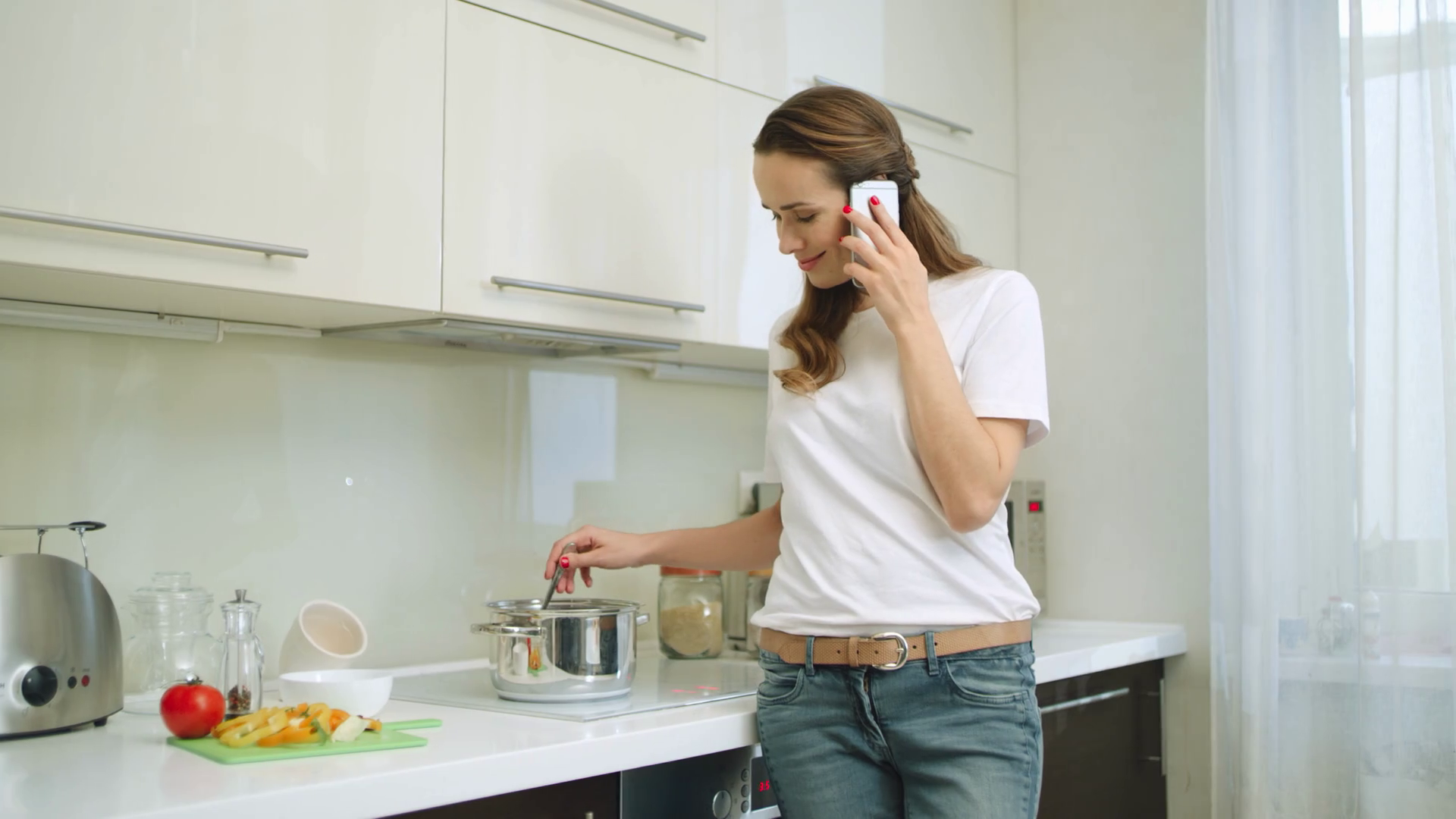 Woman Talking On Phone At Luxury Home Stock Footage SBV337771541