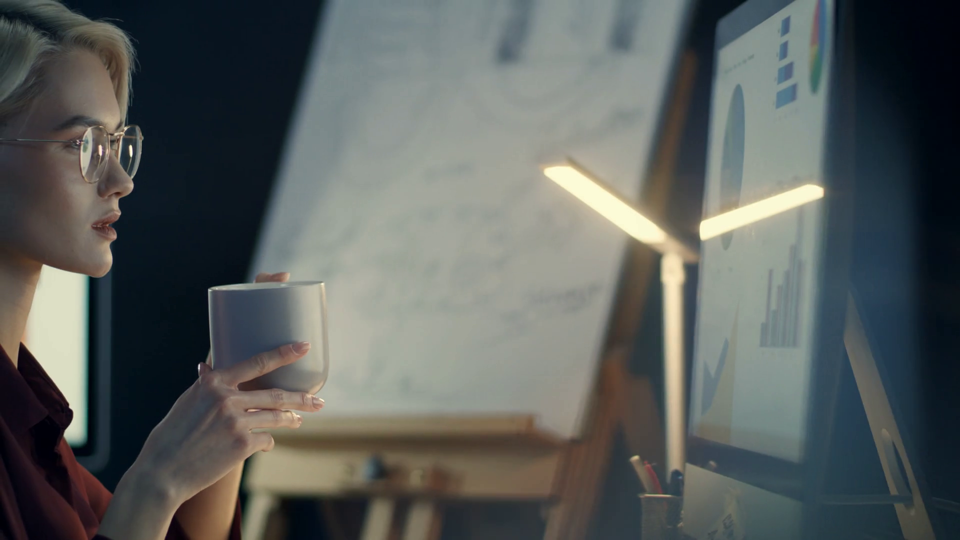 Concentrated Business Woman Drinking Coffee Stock Footage SBV336250418