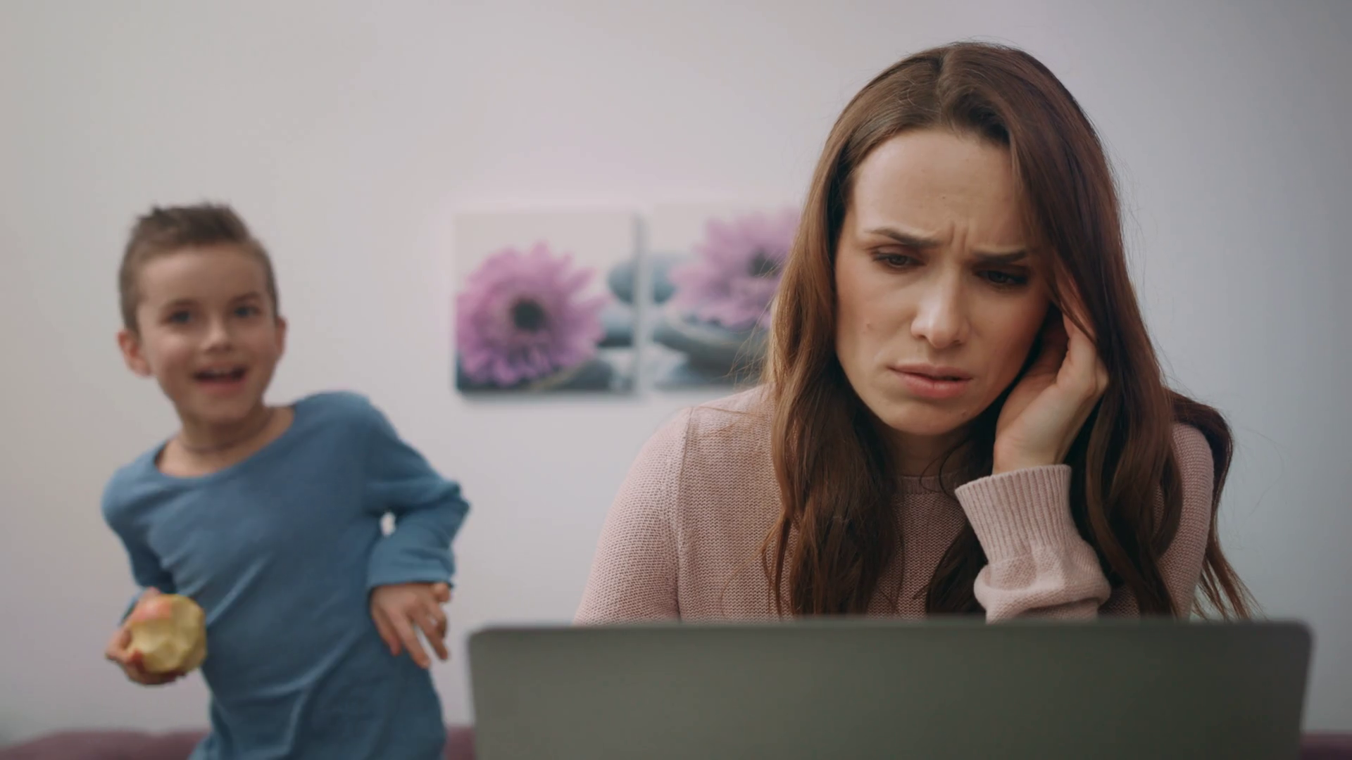 Exhausted Mom Working On Laptop Kid Stock Footage SBV331277842