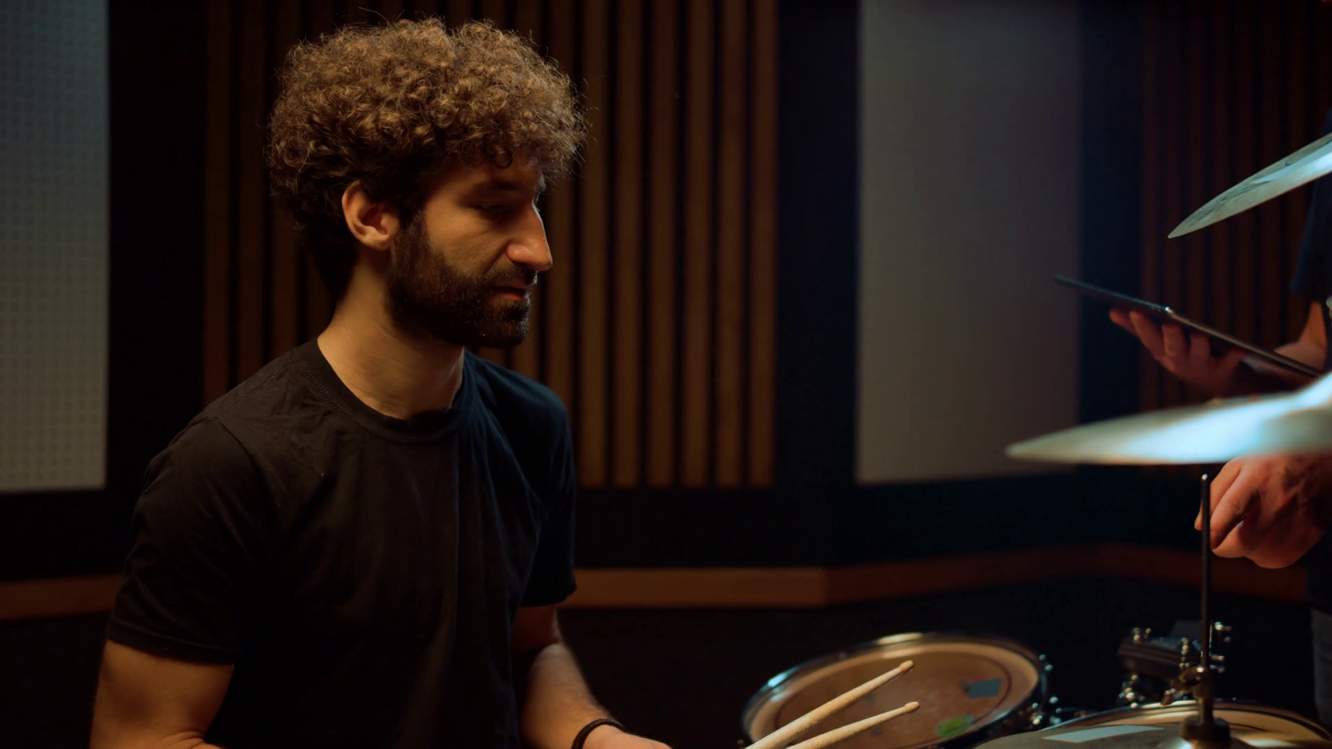Focused Musician Man Speaking With Sound Engineer Indoor Male Drummer Hitting Drum Cymbal In Recording Studio Artist Studying Percussion Instrument In Concert Hall Stock Video Footage Storyblocks