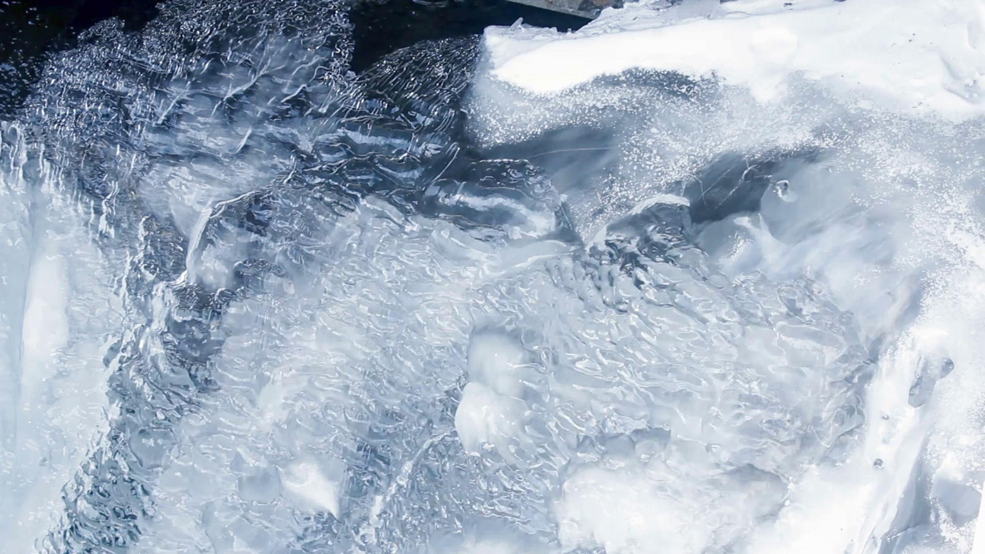Water flowing under transparent ice surface. Ice background. Ice