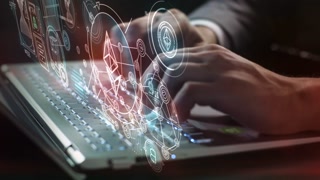 Ethereum and NFT infographics on a holographic panel.