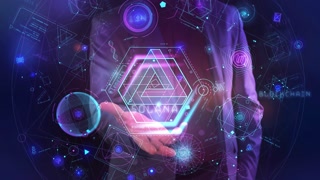 Colorful sci-fi infographic of Solana on male palm.