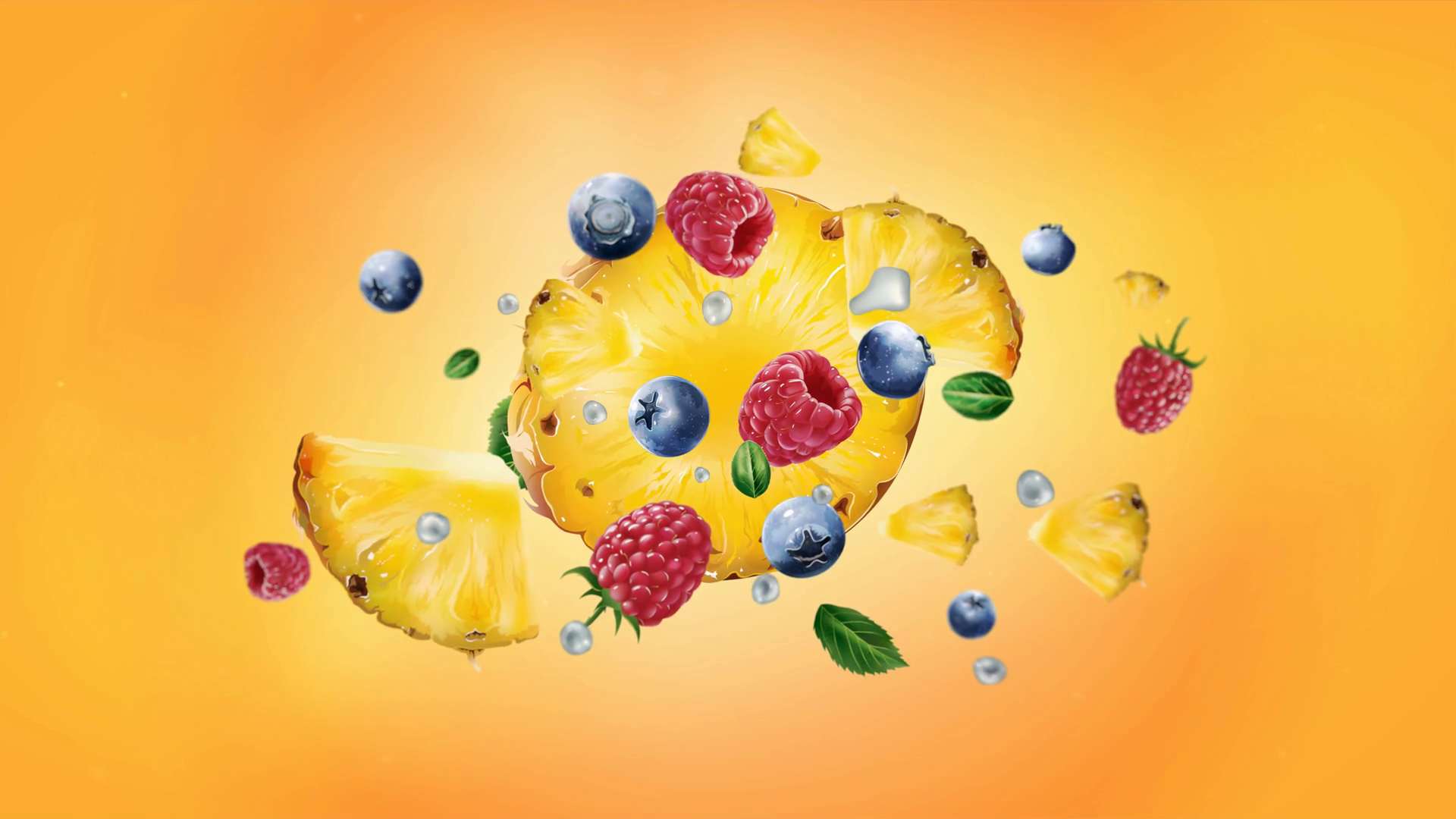 Raspberries Pineapple Blueberries On Yellow Stock Motion Graphics SBV