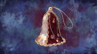 Watercolor Christmas decoration adorned bell on the background of colored blots.