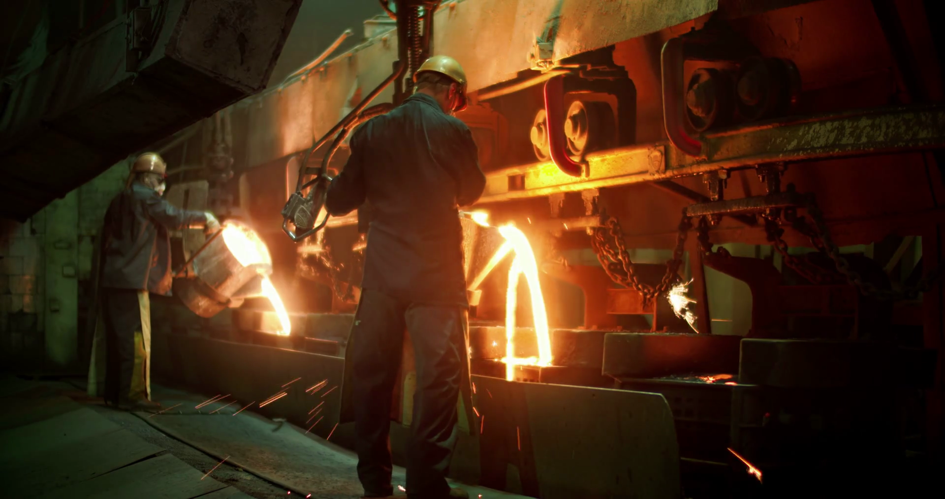 Workers At Plant Pour Molten Metal Severe Stock Footage SBV-338535263 ...