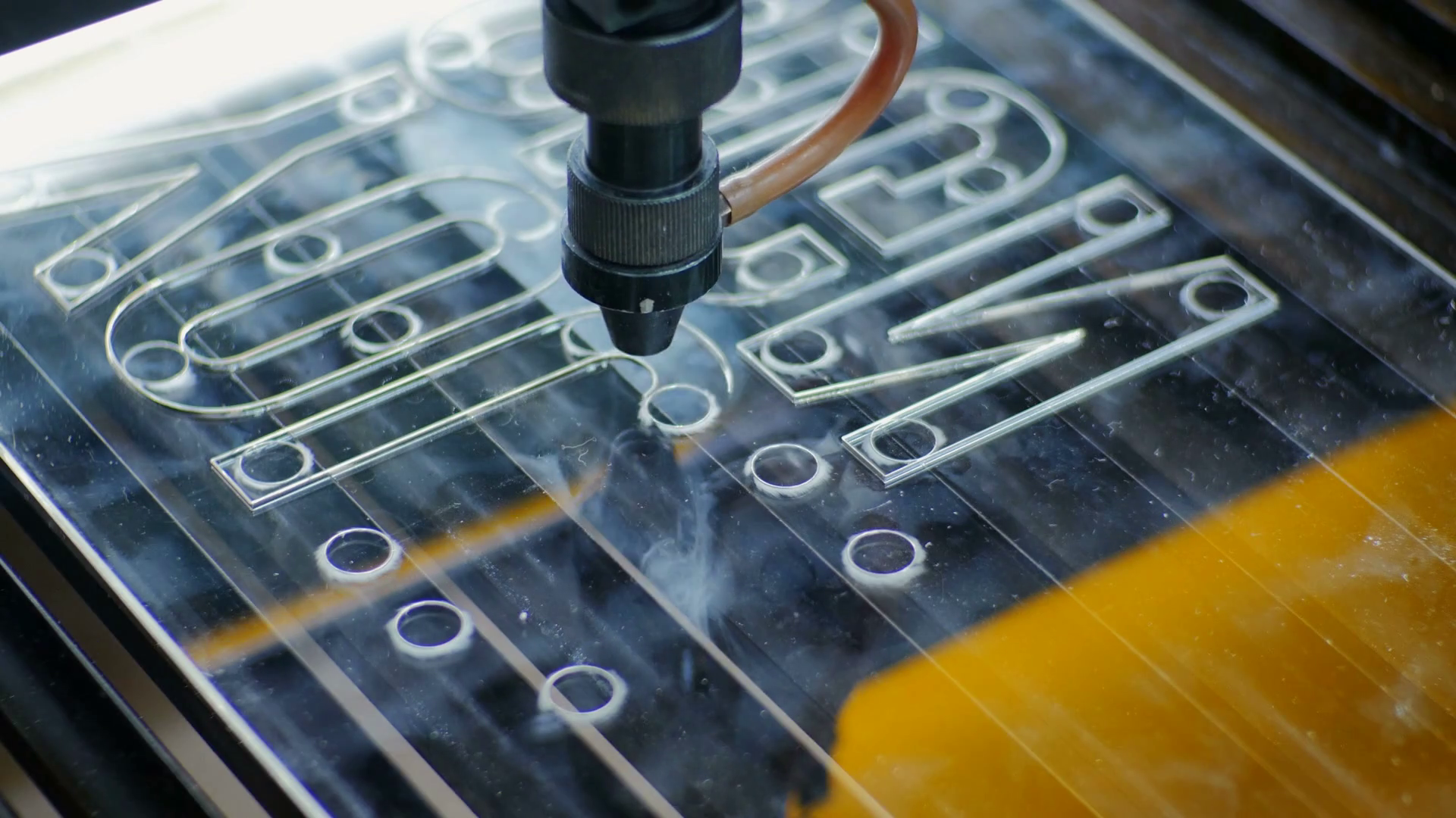 Laser Cutting Machine At Work Acrylic Plastic Cutting Close up Stock 