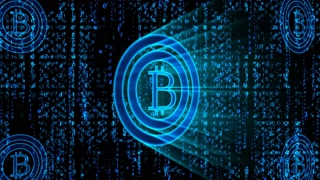Bitcoin criptocurrency logo of light blue color, pulsing and turning right and left with falling Matrix style digits in the black background. Four other Bitcoin signs are in the corners.