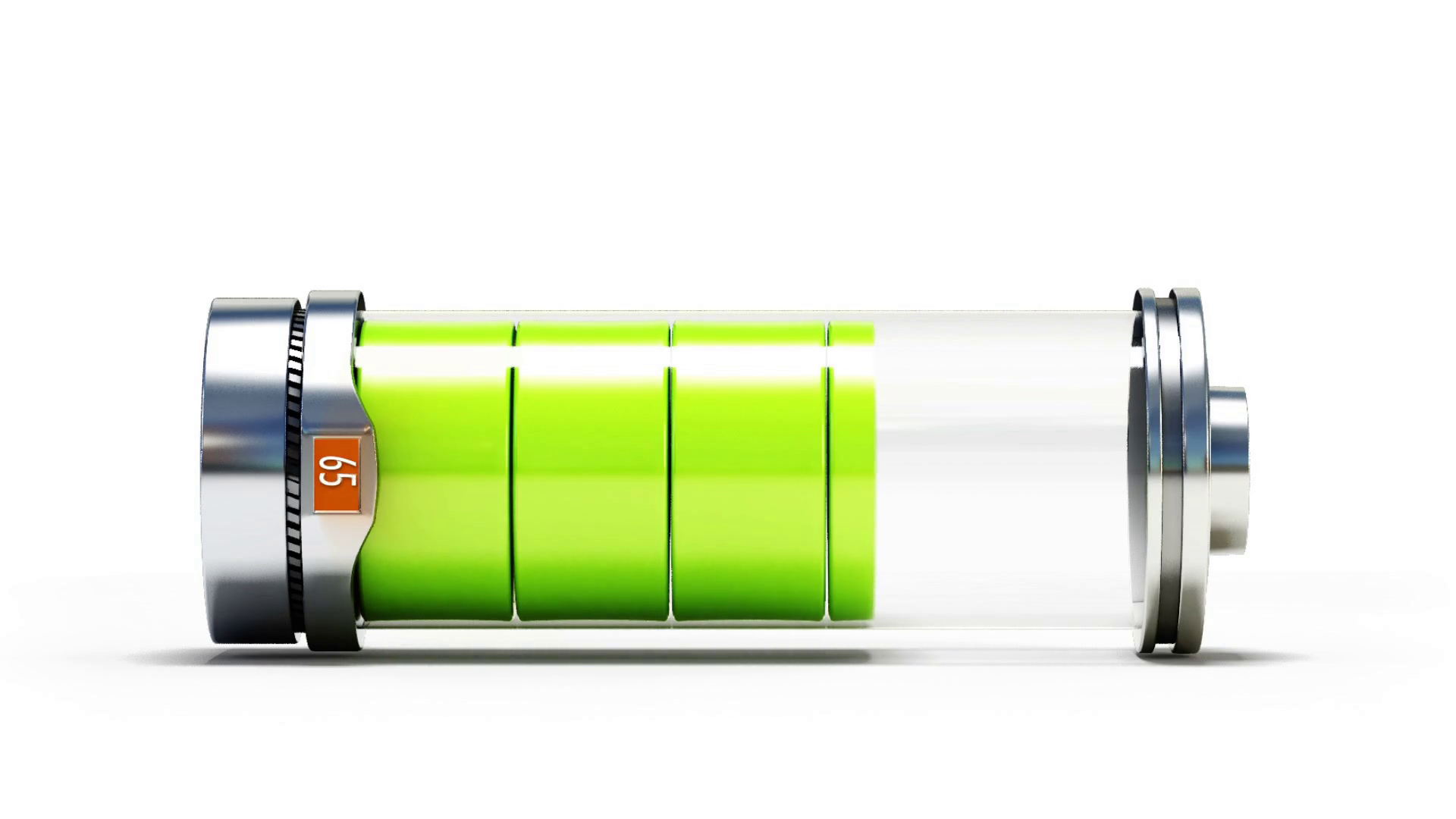 3d animation of horizontal glass battery charging from 0 to 100 percent