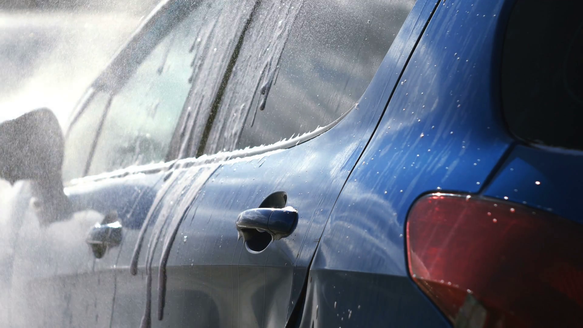 Blue Car Washed Hand Using Water Jet Wash In Stock Footage SBV