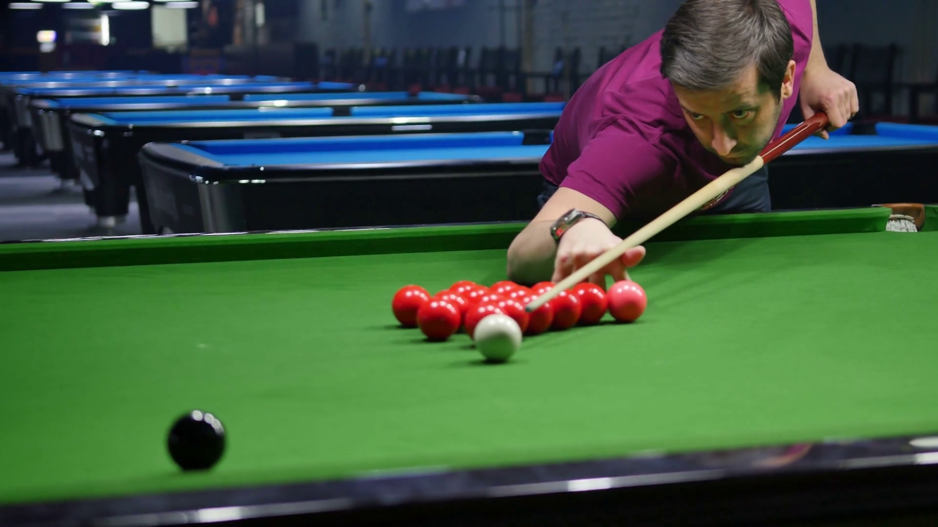 A Player Hits Black Ball In Snooker Game Stock Footage SBV311131055
