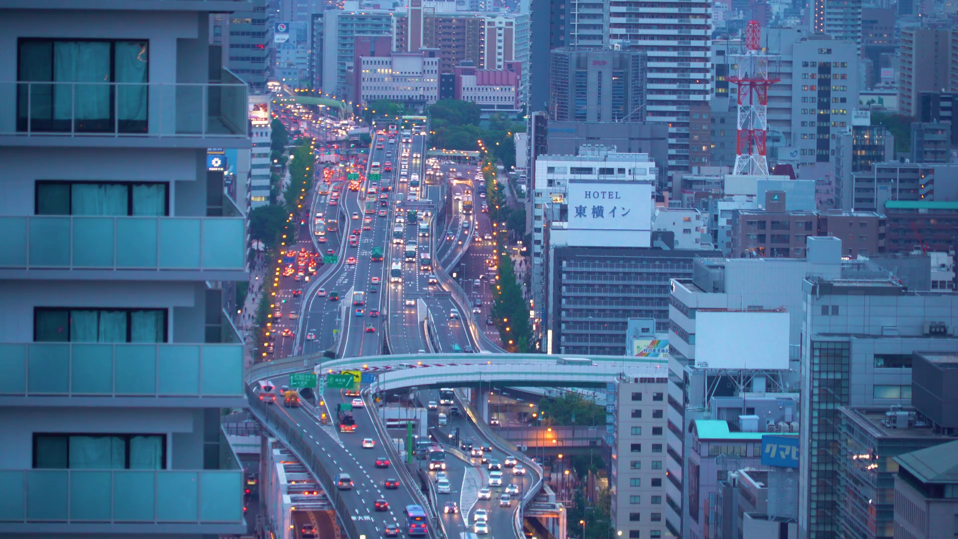 Big highway intersection in Osaka, Japan at twilight Stock Video