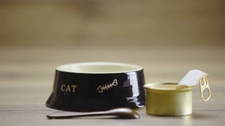 Cat bowl with opened canned food beside 4K. Long shot dolly slide of a black bowl and canned food in focus. Wooden background texture out of focus.