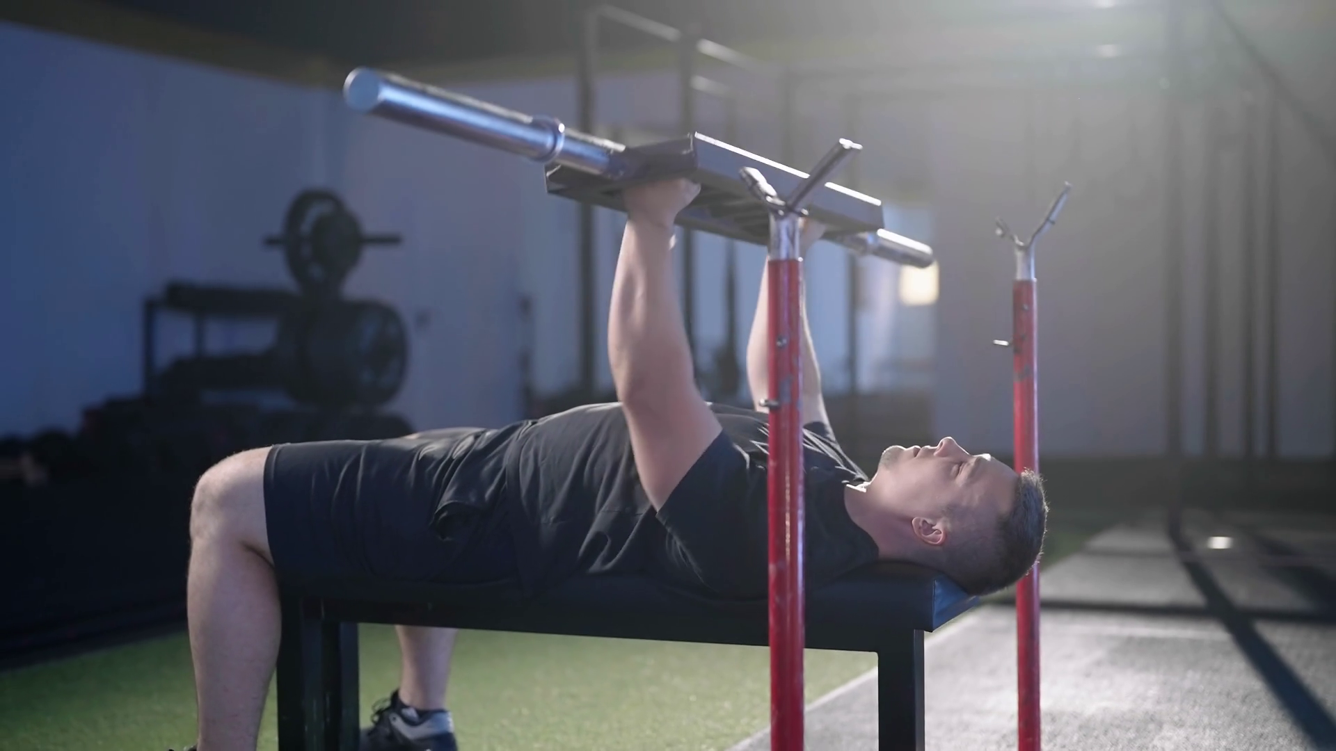 Weightlifting Swiss Bar Bench Press Exercise Stock Footage SBV