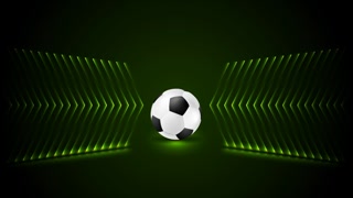 Abstract sports background with realistic soccer ball centered between dynamic glowing green neon arrow lines on dark backdrop. Football motion design. Video animation Ultra HD 4K 3840x2160