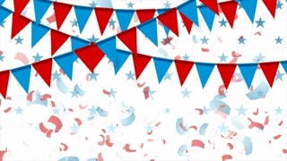 Red and blue party flags abstract USA background with confetti. Seamless looping Independence Day modern motion design. Video animation Ultra HD 4K 3840x2160